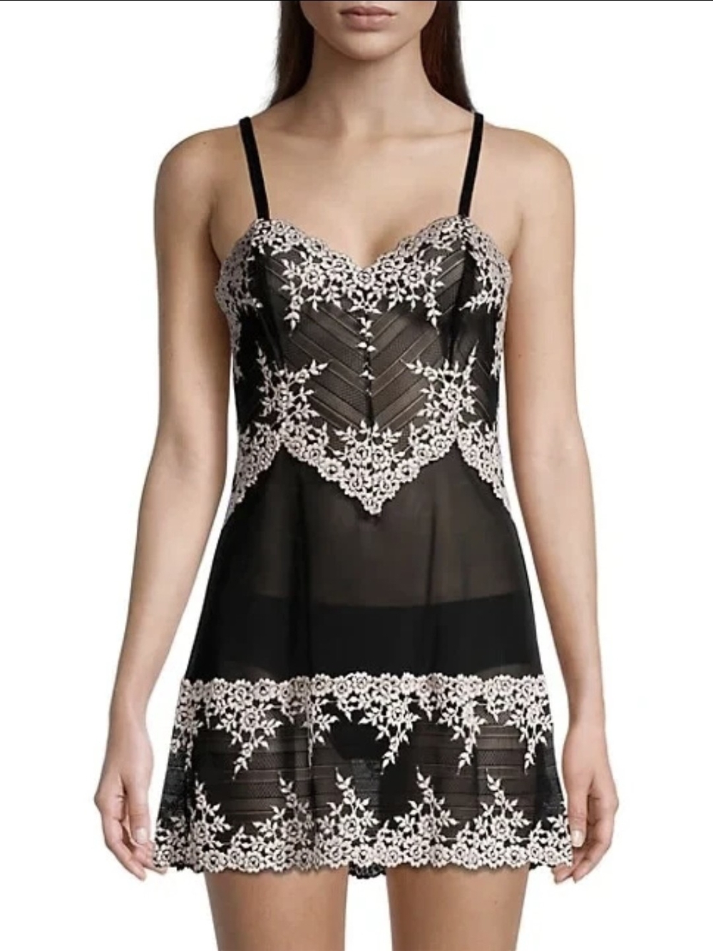 Wacoal Black Chemise with Cream Floral Lace Embroidery Size M